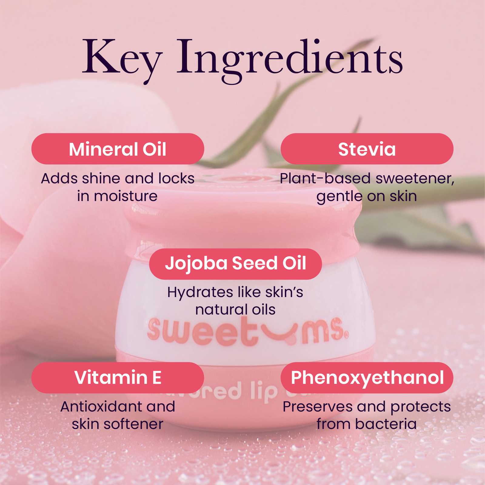 Sweetums rose flavored Lip balm with key ingredients labeled on a pink background