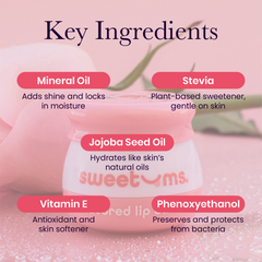 Sweetums rose flavored Lip balm with key ingredients labeled on a pink background