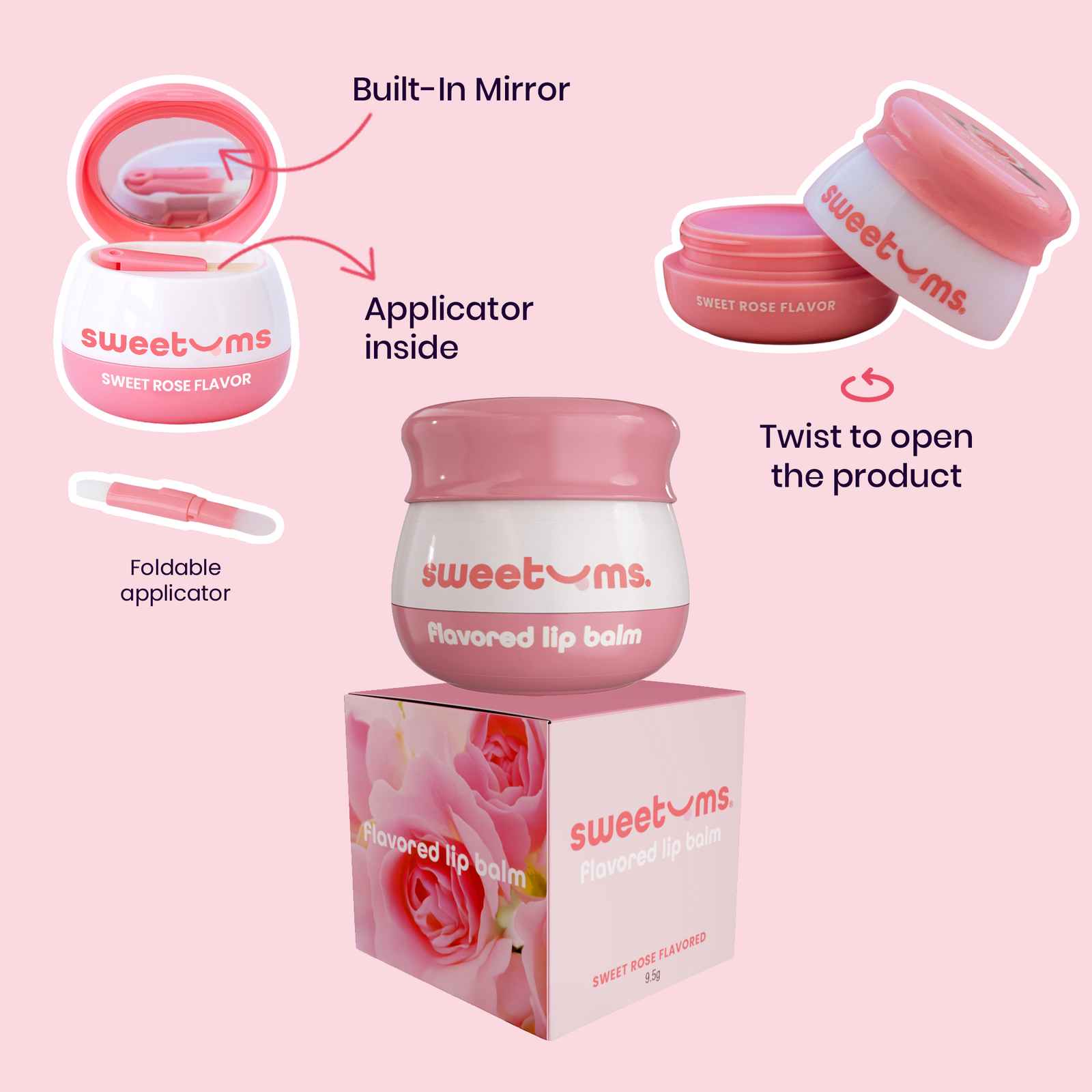 Pink flavored lip balm with packaging and features displayed on a pink background