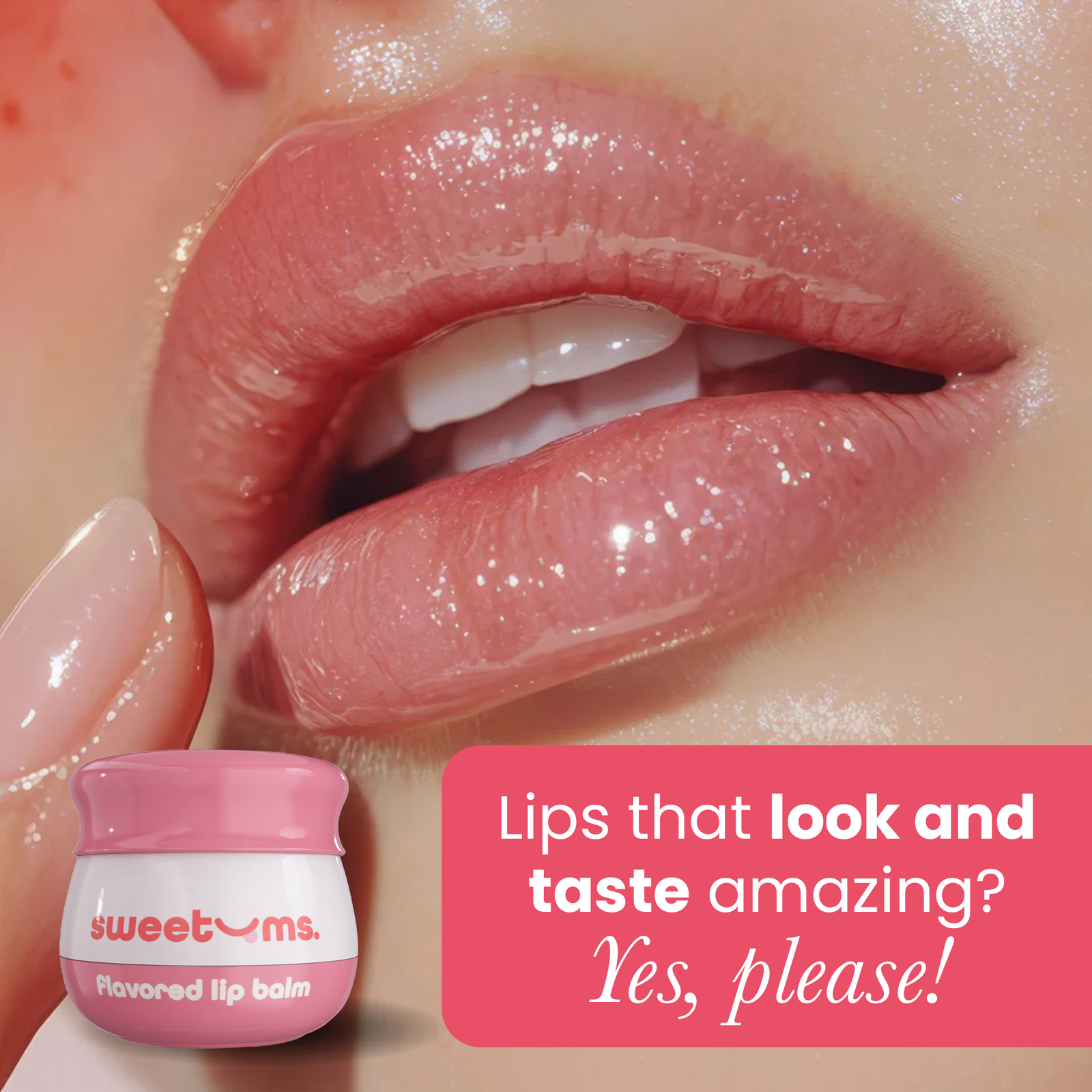 Close-up of lips with a container of flavored lip balm and promotional text.