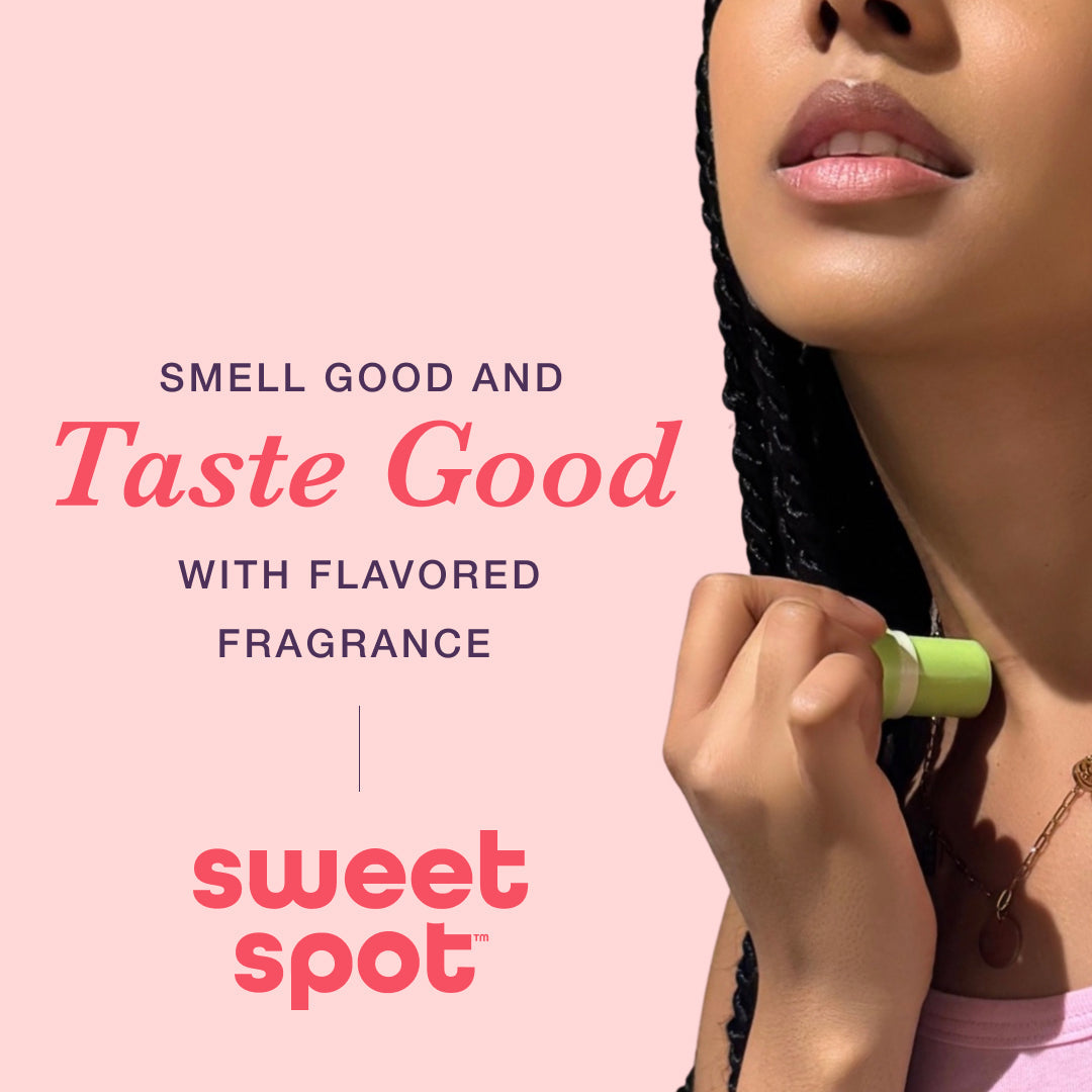 Advertisement for sweet spot flavored fragrance with a woman applying watermelon fragrance on her neck against a pink background.