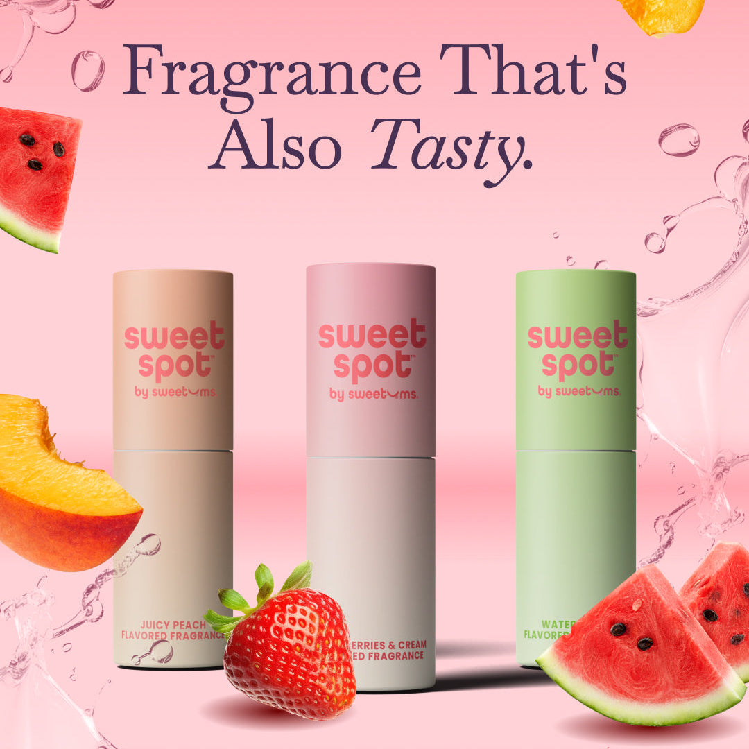 Three 'sweet spot' fragrance products with fruit elements on a pink background