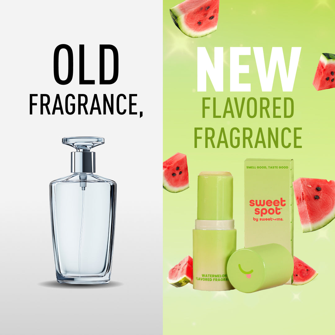 Comparison of an old fragrance bottle on a gray background with a new watermelon-flavored fragrance set on a green background.
