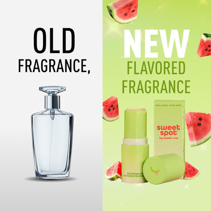 Comparison of an old fragrance bottle on a gray background with a new watermelon-flavored fragrance set on a green background.