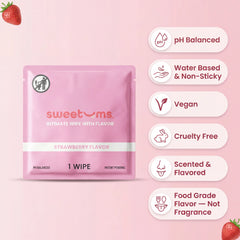 Pink package of 'sweetums' intimate wipes with flavor on a pink background, featuring product features.