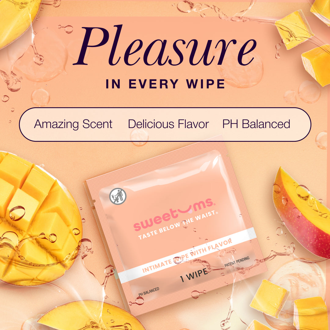 Product packaging with mango slices and 'Pleasure in Every Wipe' text on a peach background