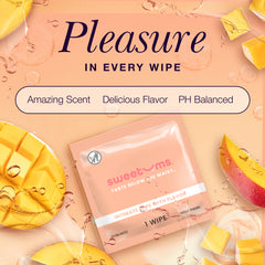 Product packaging with mango slices and 'Pleasure in Every Wipe' text on a peach background