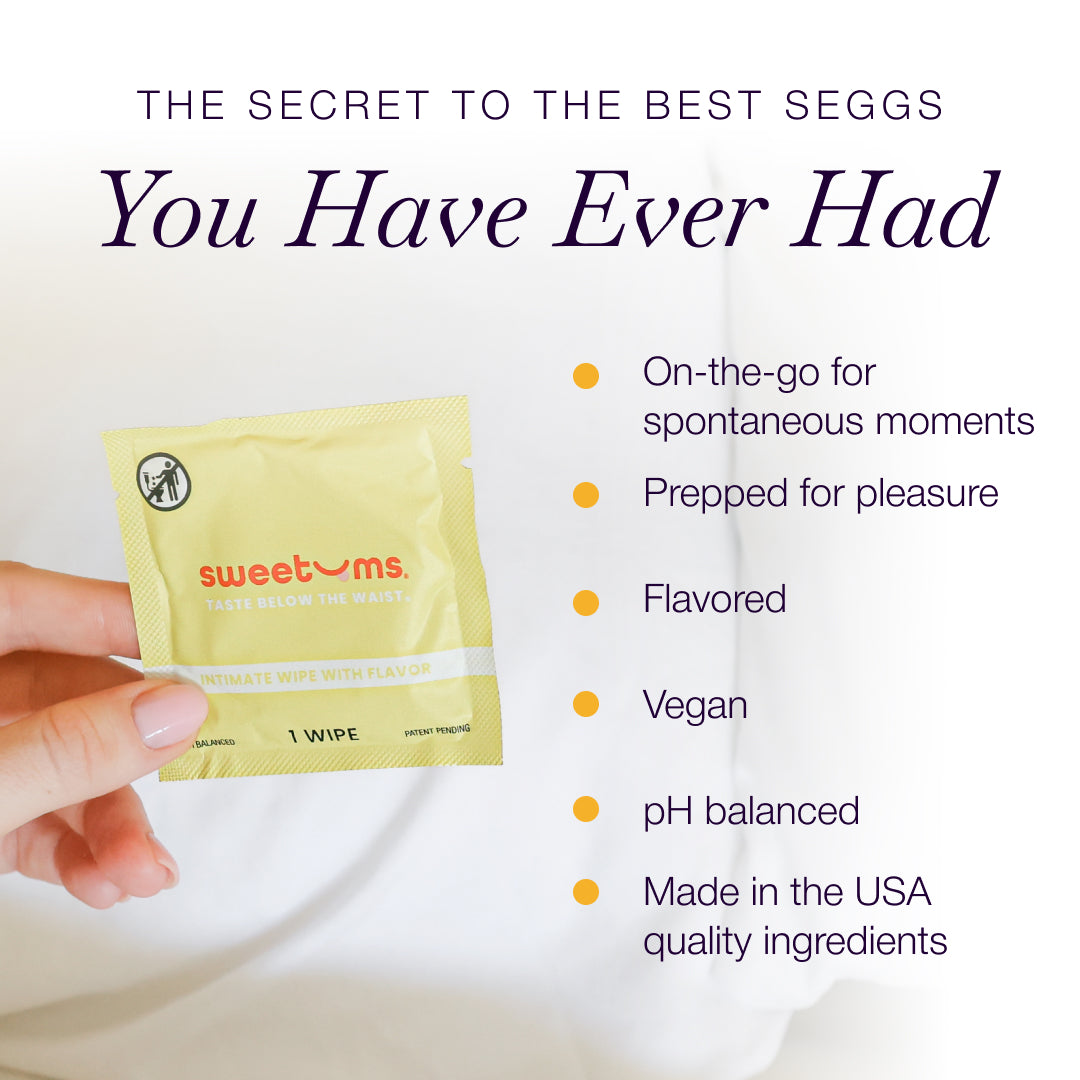 Hand holding a 'sweetoms' product package with features listed on a white background