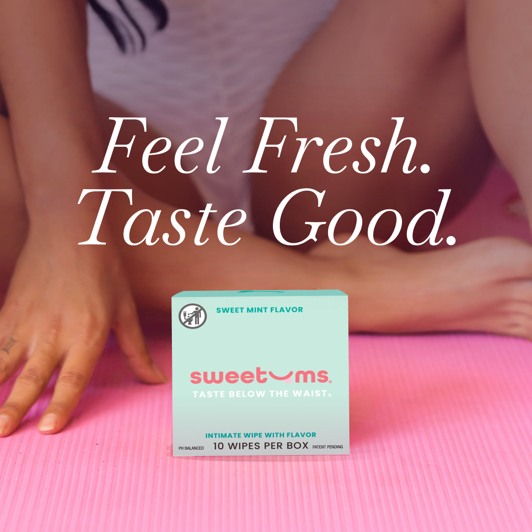 Sweetums intimate wipes box with text 'Feel Fresh. Taste Good.' on a pink background.