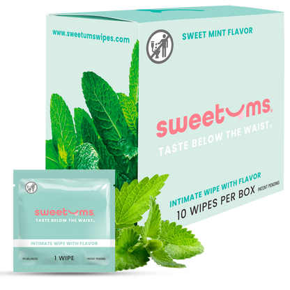 sweetums sweet mint intimate wipes packaging with mint leaves on a white background