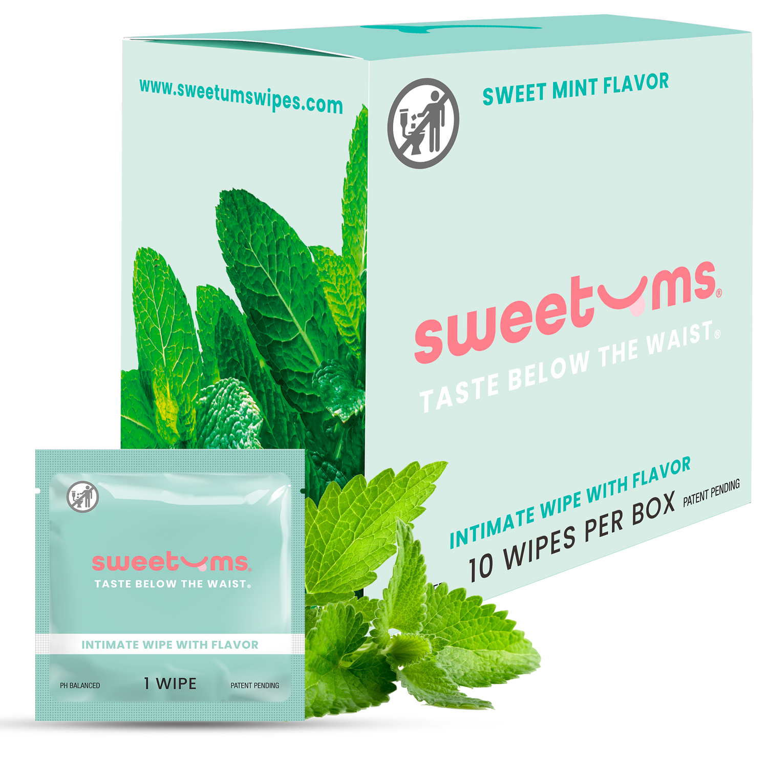 sweetums sweet mint intimate wipes packaging with mint leaves on a white background