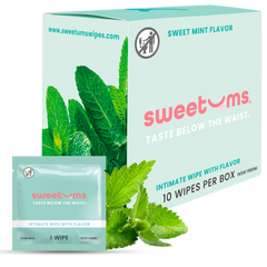 sweetums sweet mint intimate wipes packaging with mint leaves on a white background