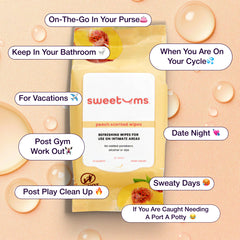 peach scented feminine wipes with a list of various times you might want to use feminine wipes