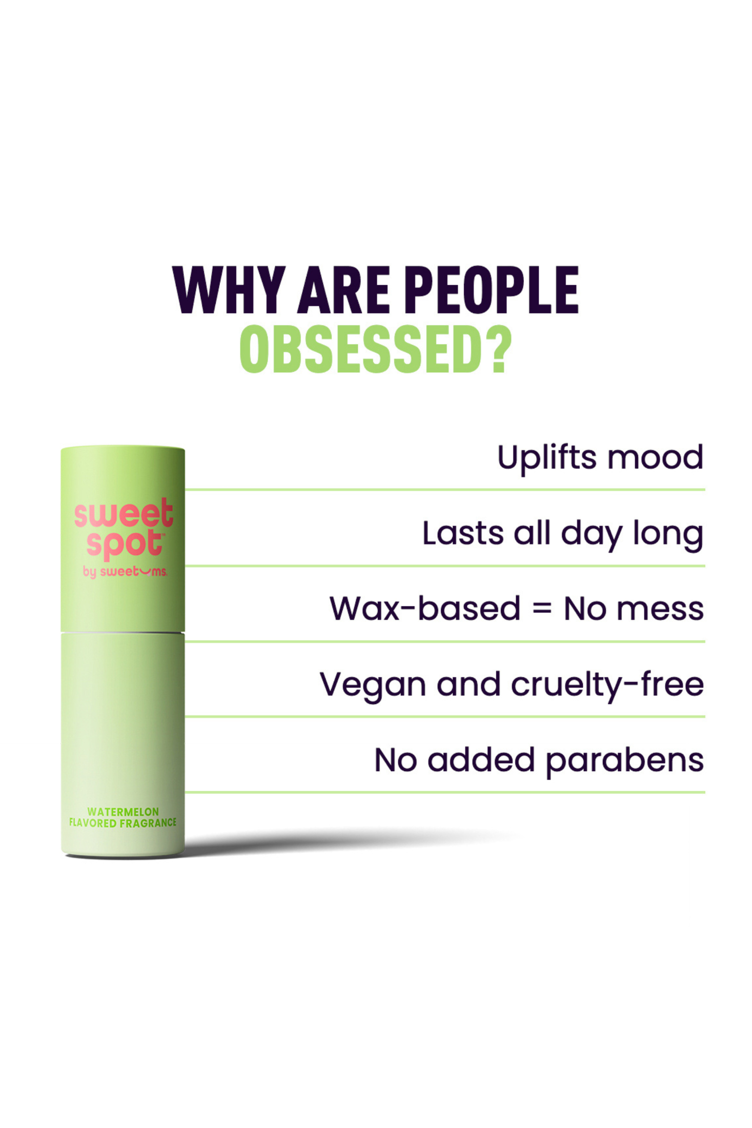 Green bottle of 'sweet spot' with text listing benefits on a white background