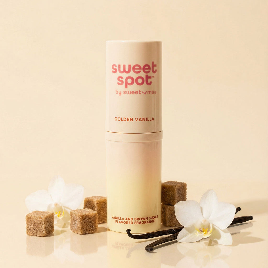 Sweet Spot Golden Vanilla product with vanilla beans and flowers on a beige background