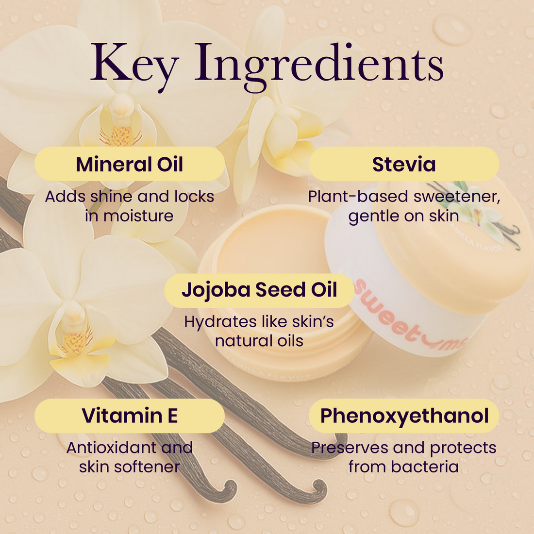 Sweetums vanilla flavored lip balm product packaging with key ingredients labeled, including mineral oil and stevia.