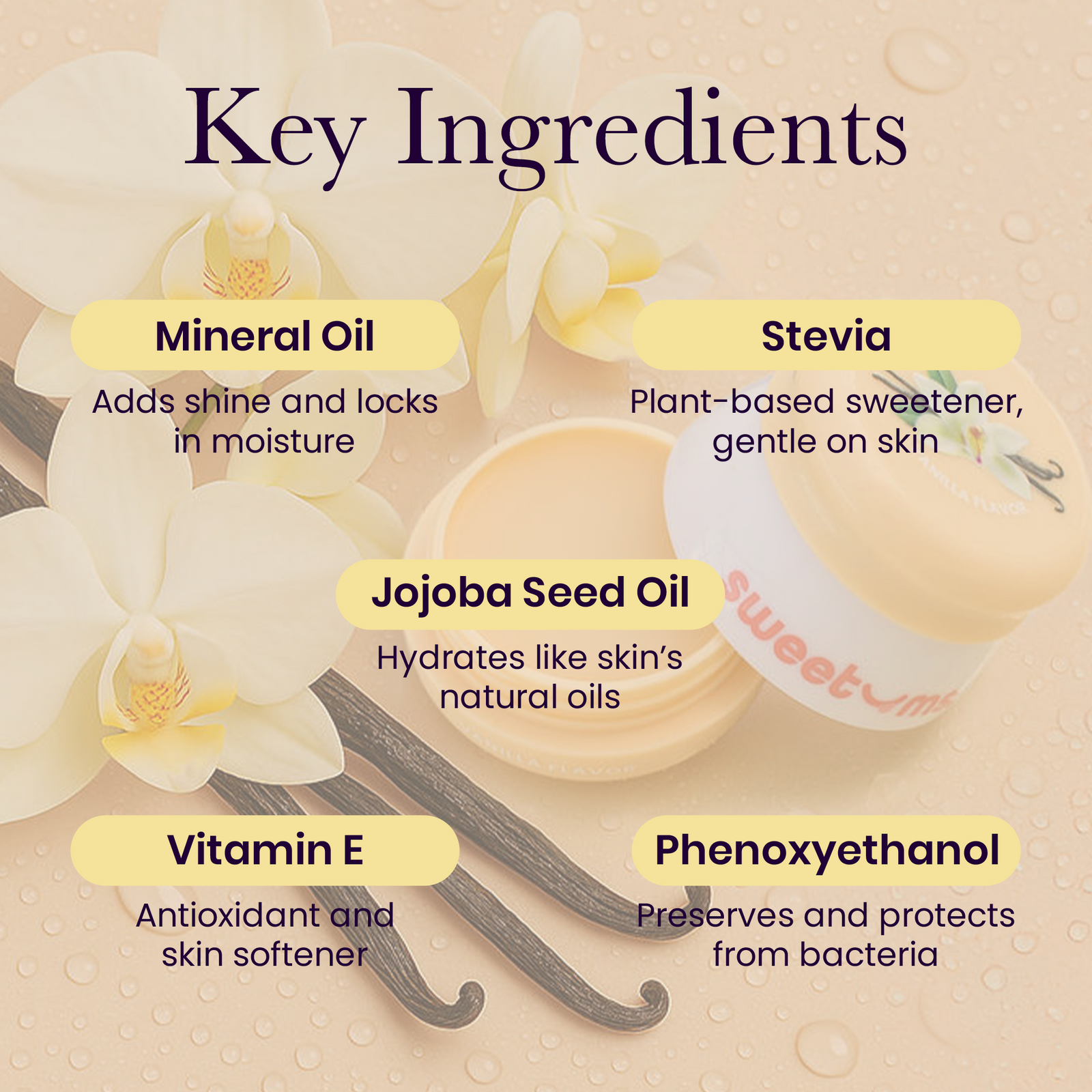 Sweetums vanilla flavored lip balm product packaging with key ingredients labeled, including mineral oil and stevia.