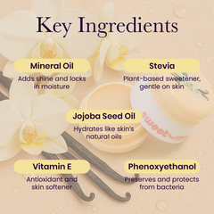 Sweetums vanilla flavored lip balm product packaging with key ingredients labeled, including mineral oil and stevia.