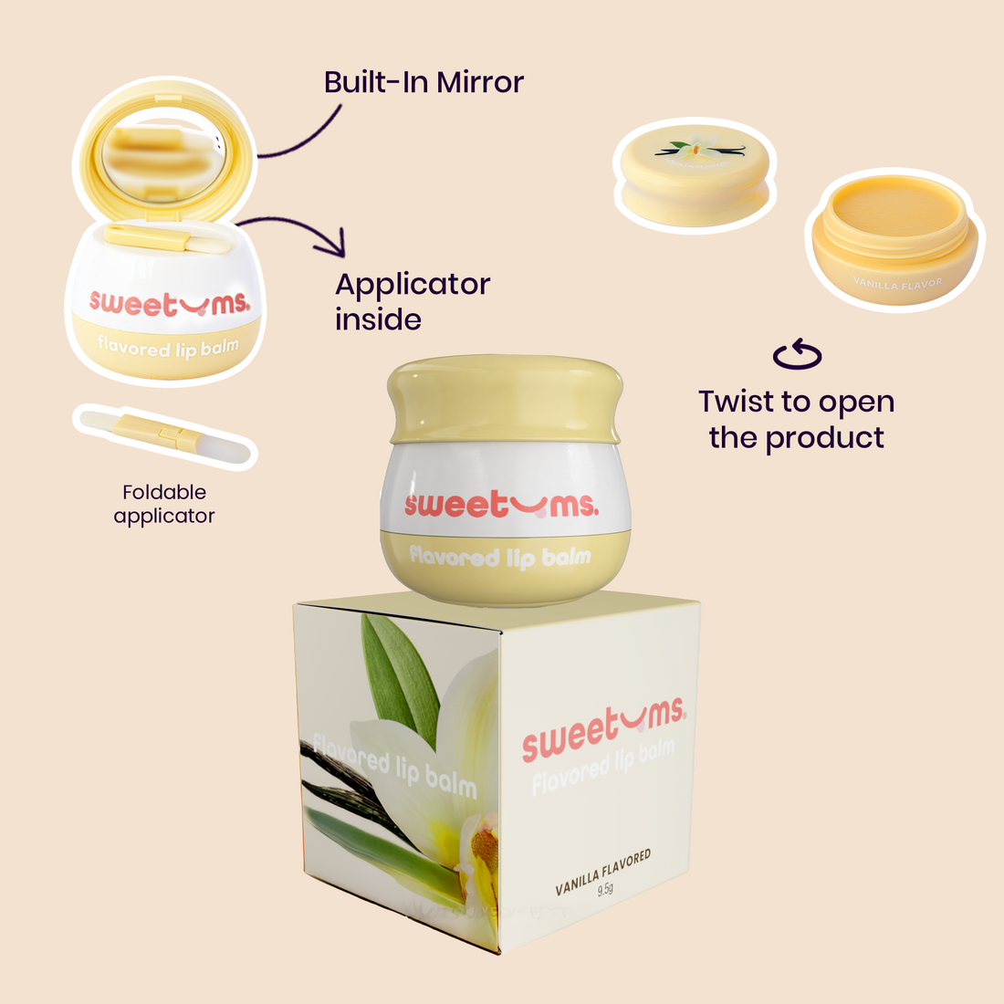Vanilla flavored lip balm with packaging and feature highlights on a light beige background