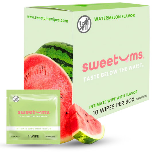 Box and single wipe of sweetums watermelon-flavored intimate wipes on a white background