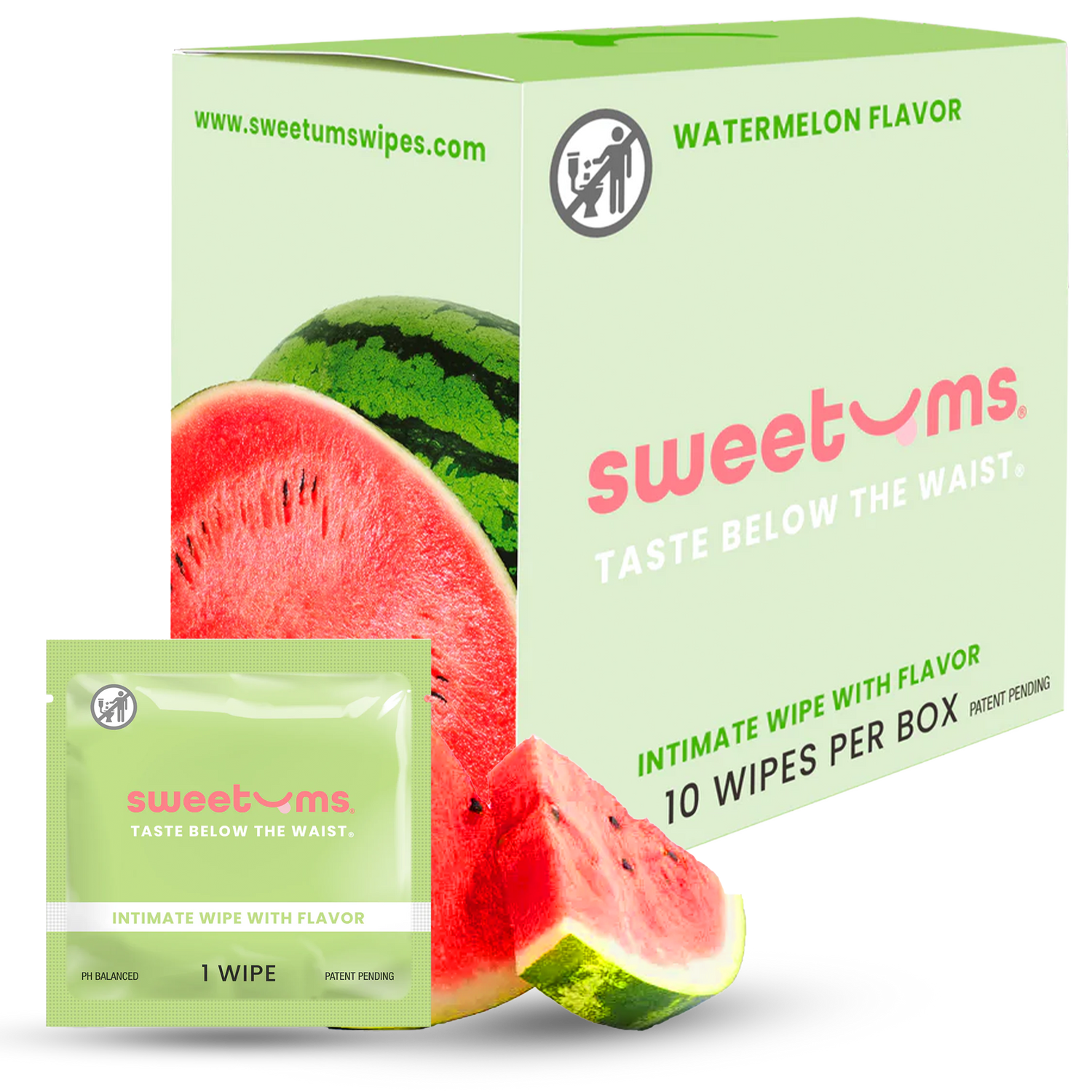 Box and single wipe of sweetums watermelon-flavored intimate wipes on a white background
