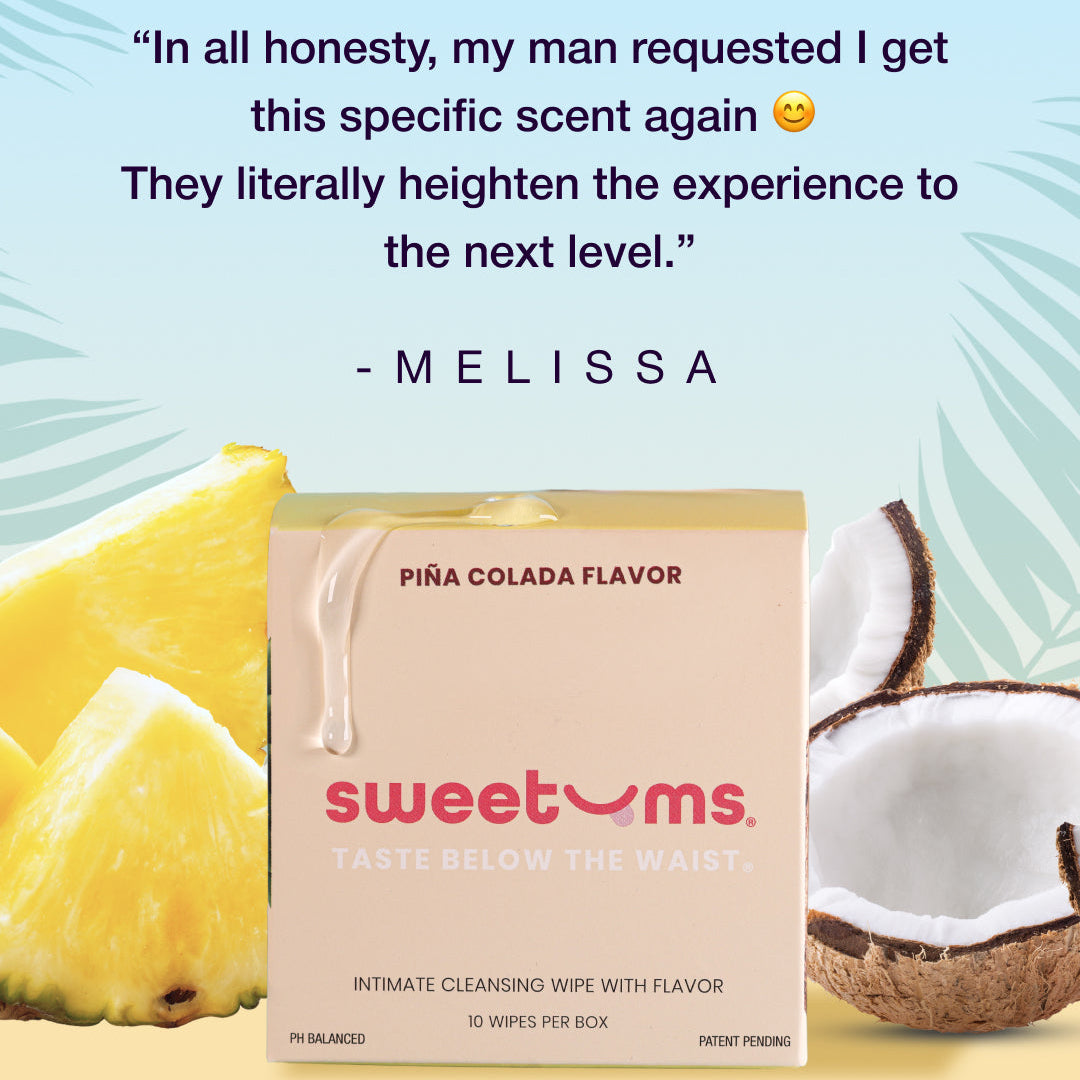 sweetums Pina Colada flavored wipes with pineapple and coconut on a light blue background
