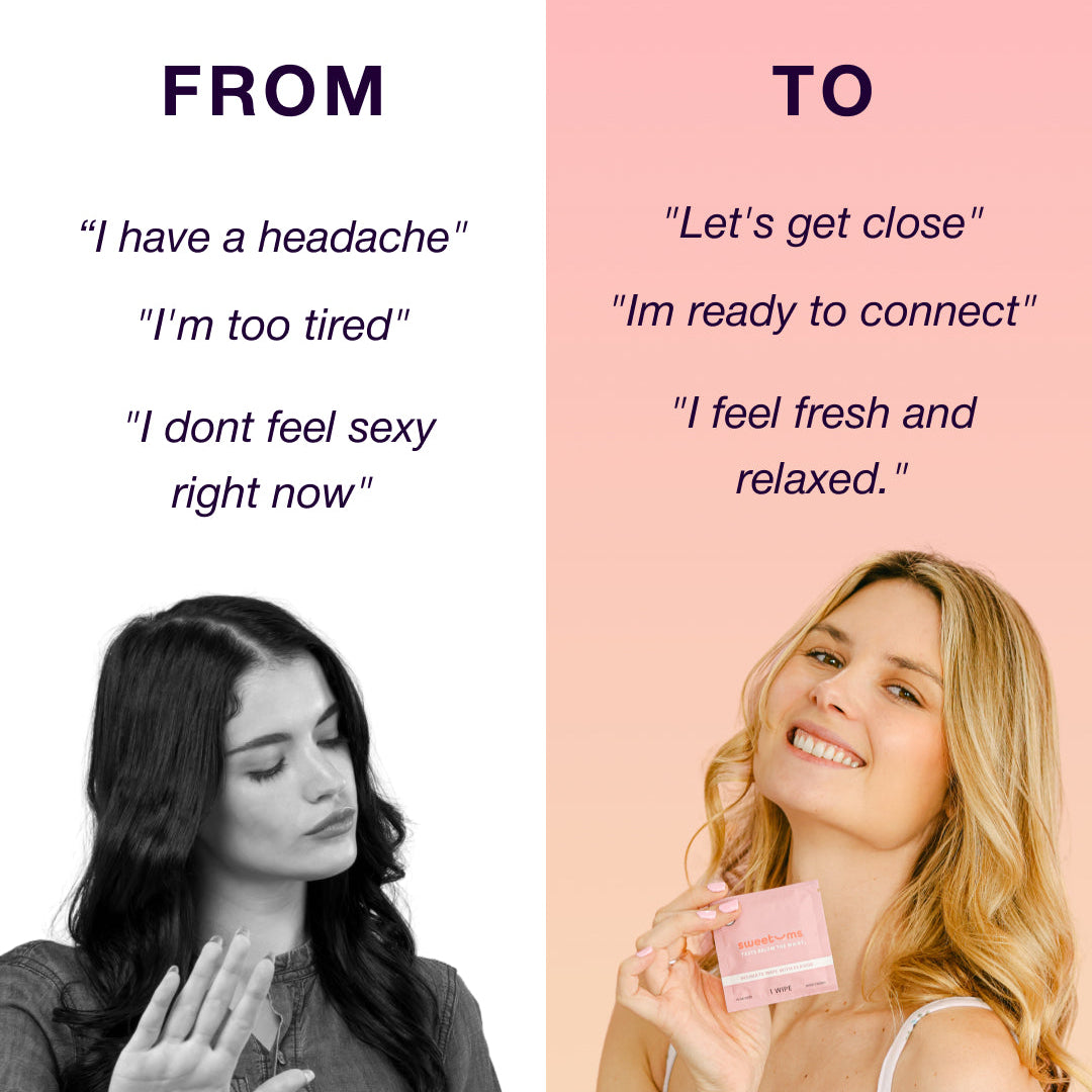 Before and after comparison of a woman's self-perception before and after using sweetums wipes with text changes on a pink background.