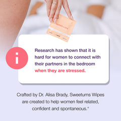 Hand holding a product with text about stress and connection in relationships, featuring Dr. Alisa Brady's Sweetums Wipes.