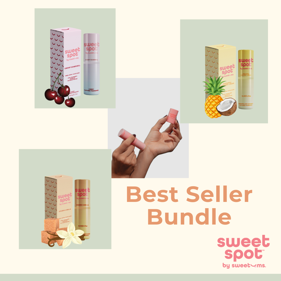 Collage of sweet spot by sweetums products with packaging and branding.