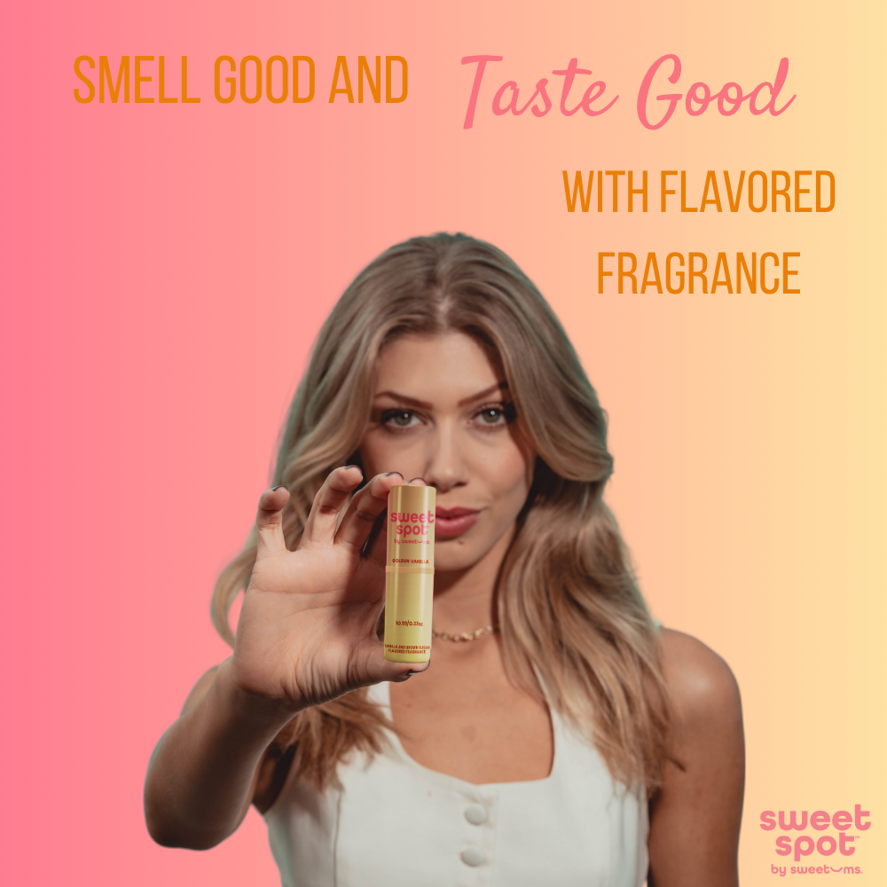 woman holding stick flavored fragrance in grown sugar and vanilla flavor