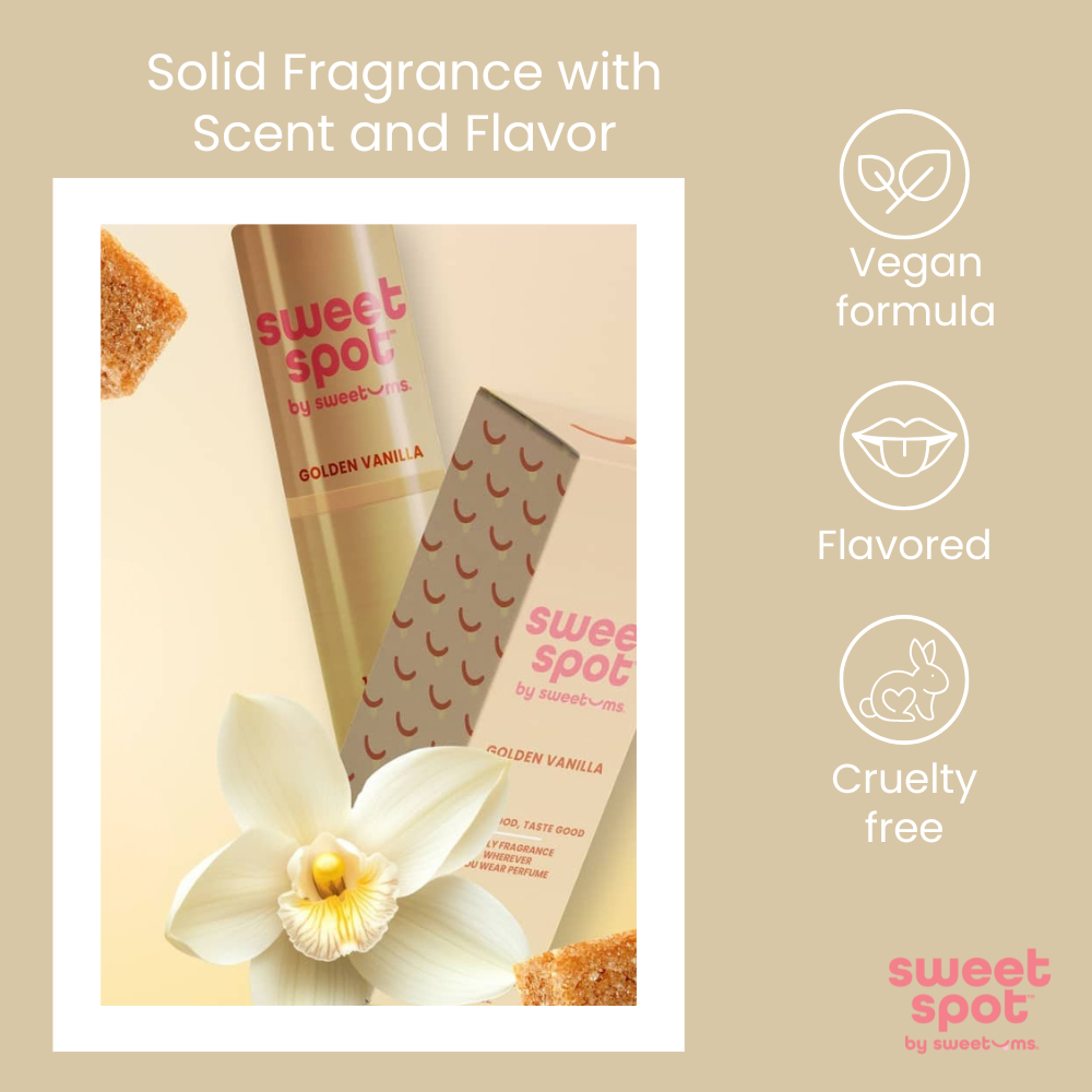 Solid fragrance with scent and flavor packaging featuring a vanilla bean and orchid on a beige background.