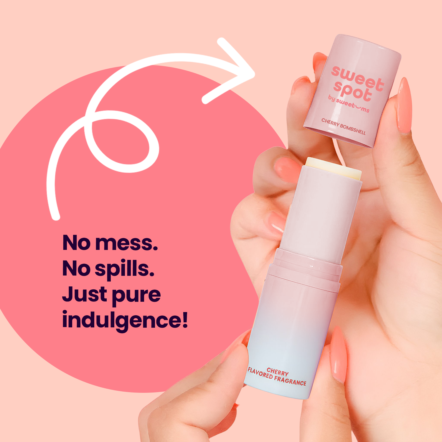 Hand holding a 'sweet spot' cherry bombshell cherry flavored fragrance stick with promotional text on a pink background.