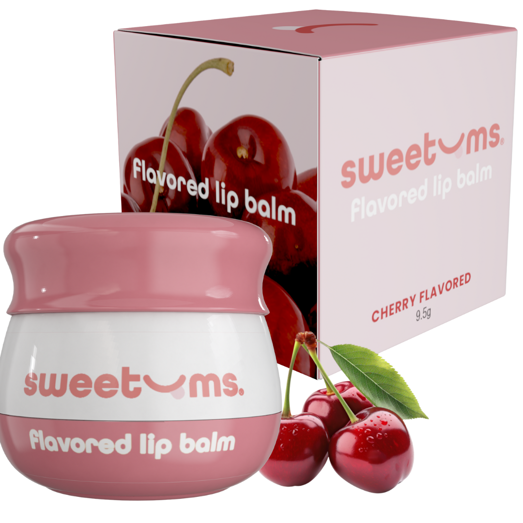 Cherry-flavored lip balm with packaging and cherries on a white background
