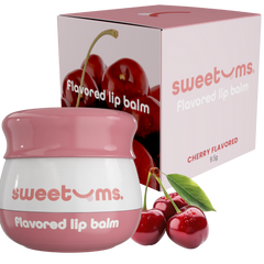 Cherry-flavored lip balm with packaging and cherries on a white background