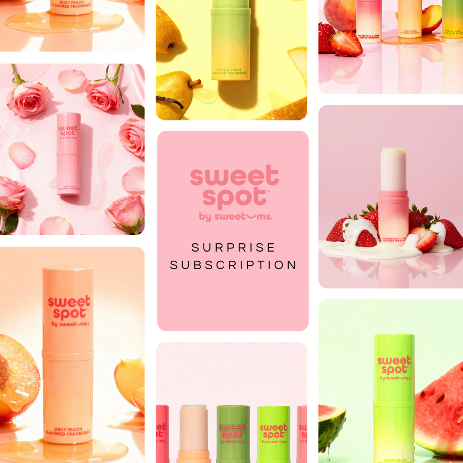 Collage of 'sweet spot' fragrance products with promotional text on a pink card.
