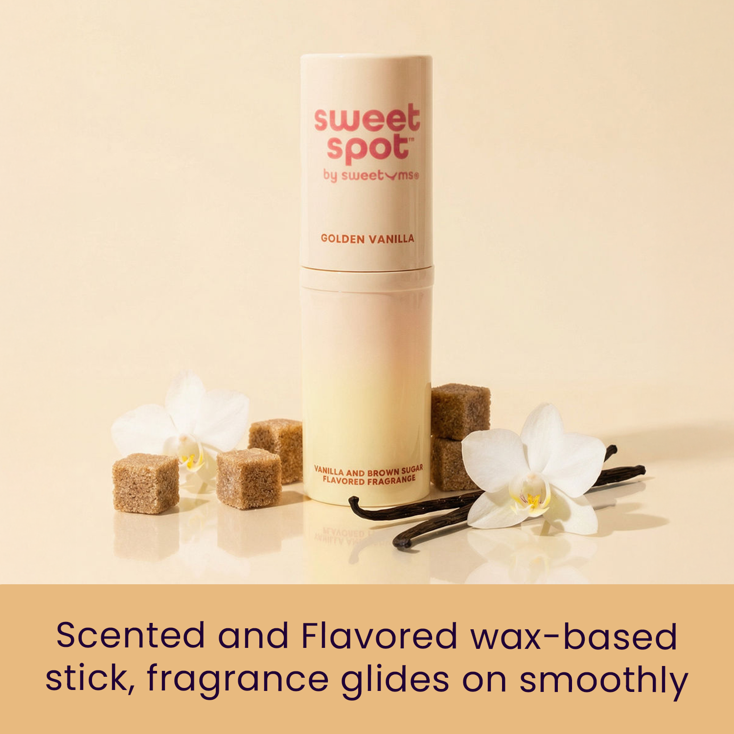 Scented wax-based stick fragrance with vanilla flavor on a beige background