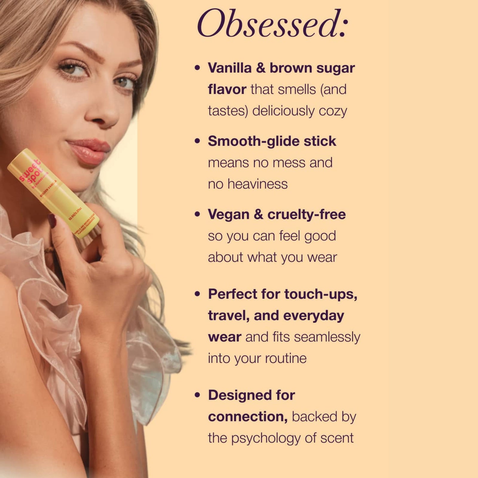 Woman holding a Golden Vanilla fragrance explaining the reasons people are obsessed with the product.