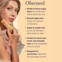 Woman holding a Golden Vanilla fragrance explaining the reasons people are obsessed with the product.