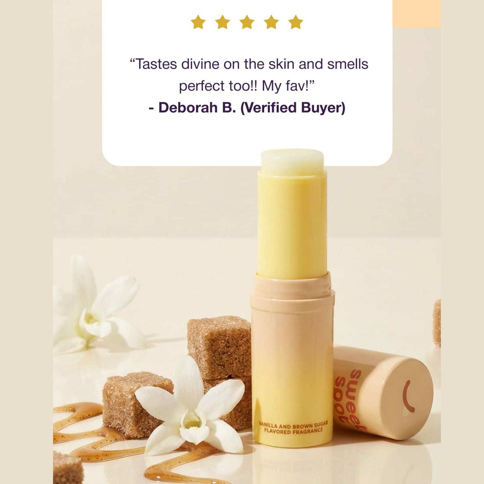 Golden Vanilla Sweet Spot flavored fragrance featuring a five-star review from a verified buyer.