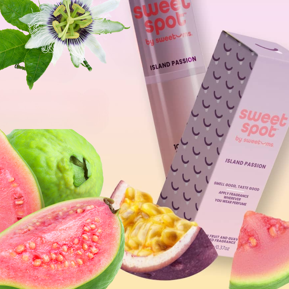 Sweet Spot by Sweetums Island Passion product with guava, passion fruit, and watermelon on a colorful background