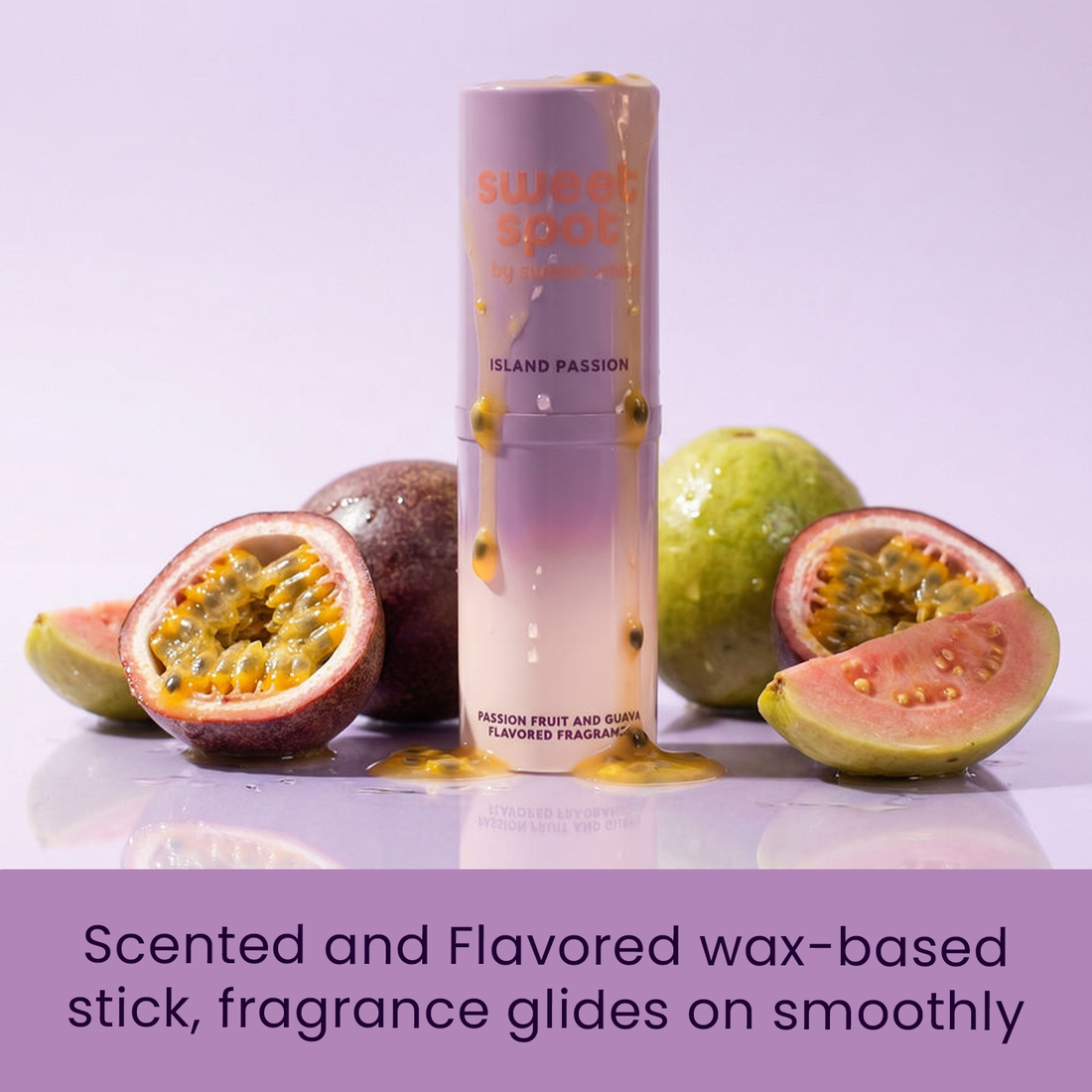 Sweet spot fragrance wax-based stick with guava and passion fruit on a purple background
