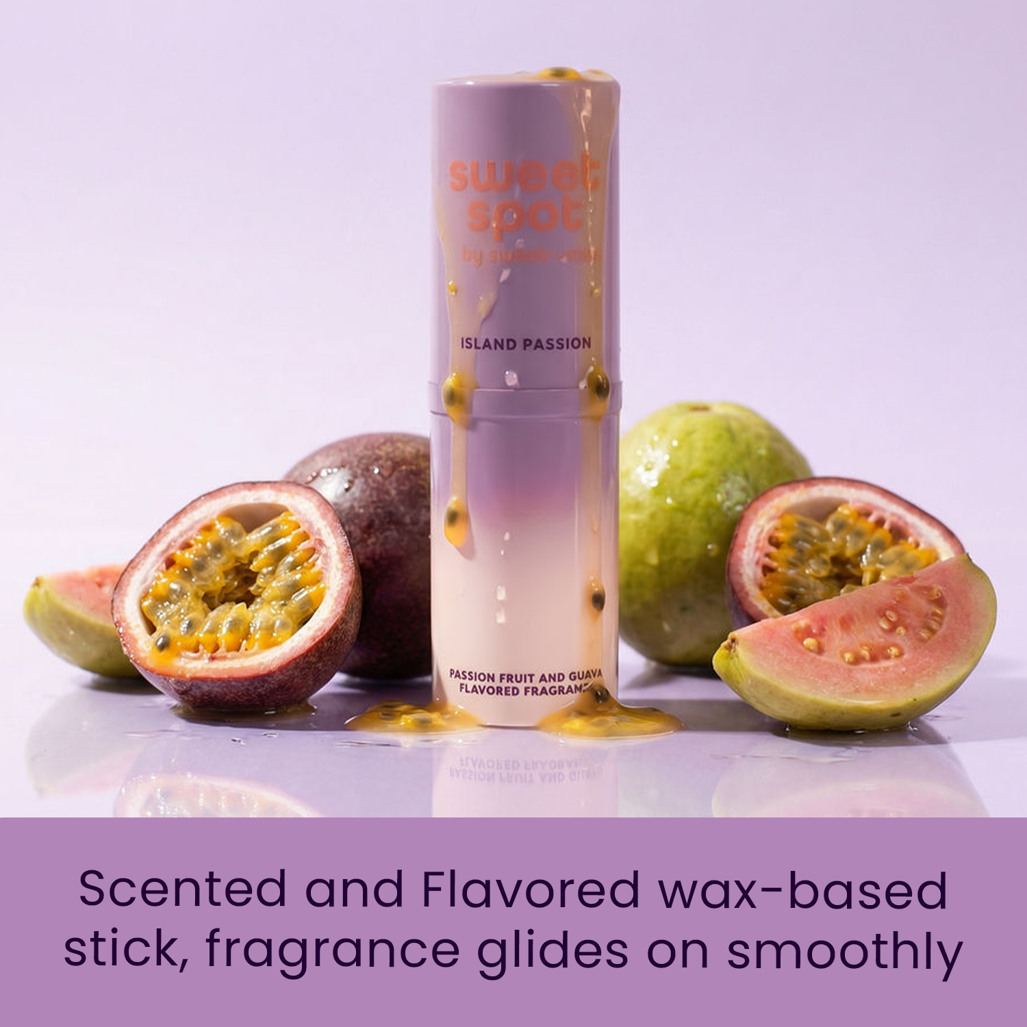 Sweet spot fragrance wax-based stick with guava and passion fruit on a purple background