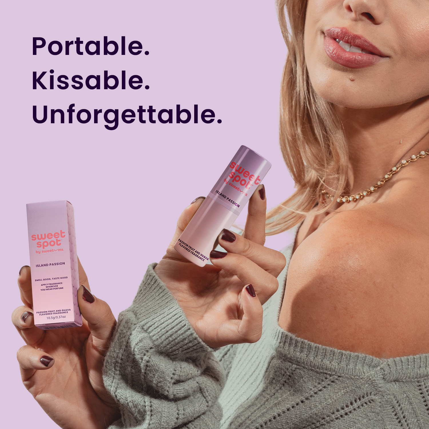 Woman holding a passion fruit and guava scented and flavored fragrance stick on a light purple background.