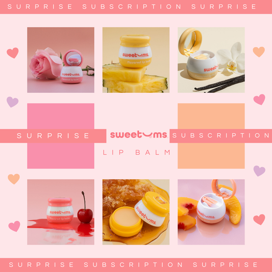 Collage of sweetums lip balm packaging with a pink and white color scheme.