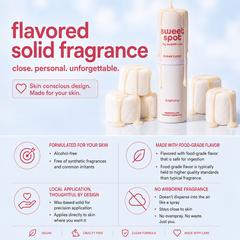 A promotional product graphic for Sweet Spot Sugar Cube flavored solid fragrance. The image shows a white cylindrical bottle labeled 'sweet spot' and several white wax melts arranged on a light background, with large red text reading 'flavored solid fragrance' and smaller descriptive copy.