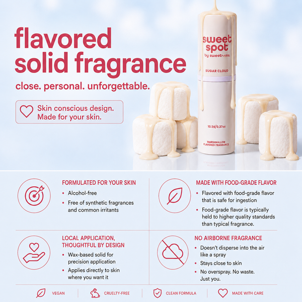 A promotional product graphic for Sweet Spot Sugar Cube flavored solid fragrance. The image shows a white cylindrical bottle labeled 'sweet spot' and several white wax melts arranged on a light background, with large red text reading 'flavored solid fragrance' and smaller descriptive copy.