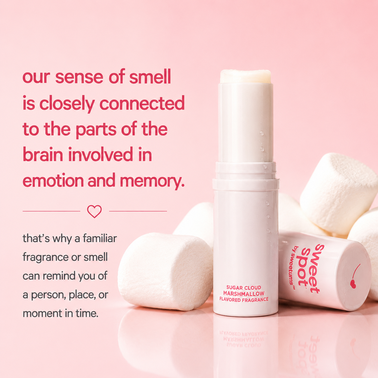 sweet spot marshmallow fragrance on a ink background and information about how scent is closely linked with emotion and memory