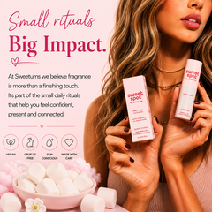 Woman holding Sweetums products with text about small rituals and big impact on a pink background.