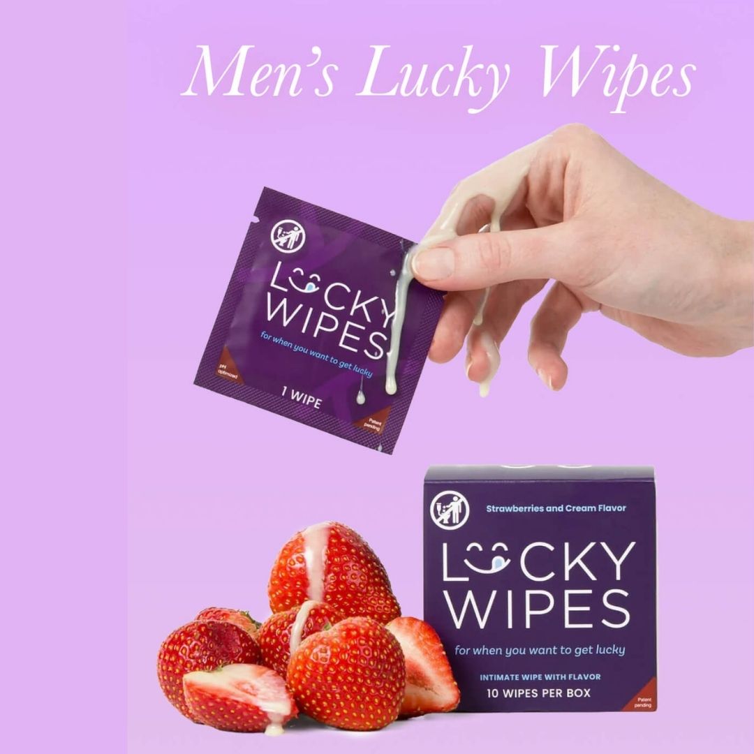 Purple package of 'Lucky Wipes' with strawberries on a purple background