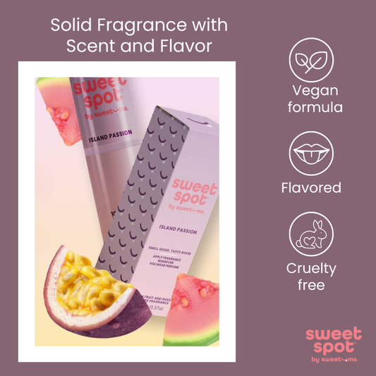 Solid fragrance packaging with 'sweet spot' branding on a purple background